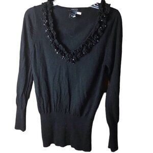 Bcbgmaxazria NEW Ruffle Sequins Scoop Neck 100% Wool Sweater Top Soft Crochet L